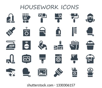 housework icon set. 30 filled housework icons.  Simple modern icons about  - Vacuum, Glove, Roller, Brush, Paint roller, Maid, Paint brush, Washing machine, Paint bucket, Detergent