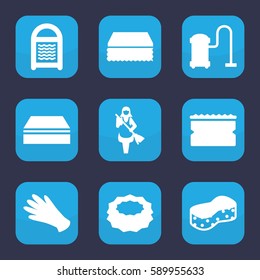 housework icon. Set of 9 housework filled icons such as gloves, sponge, vacuum cleaner
