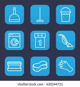 Housework icon. set of 9 outline housework icons such as washing machine, gloves, mop, dustpan, bucket, sponge, vacuum cleaner