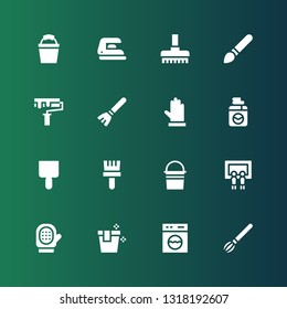housework icon set. Collection of 16 filled housework icons included Paint brush, Washing machine, Bucket, Glove, Painting, Brush, Gloves, Broom, Paint roller, Iron