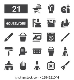 housework icon set. Collection of 21 filled housework icons included Broom, Painting, Brush, Gloves, Bucket, Laundry basket, Glove, Paint roller, Laundry, Iron, Paint bucket, Dustpan