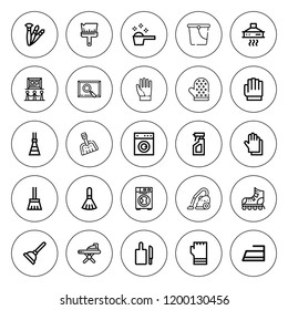 Housework icon set. collection of 25 outline housework icons with bucket, broom, chopping board, brush, brushes, dustpan, detergent, extractor hood icons. editable icons.