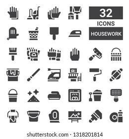 housework icon set. Collection of 32 filled housework icons included Washing dishes, Brush, Painting, Gloves, Bucket, Paint bucket, Dishwasher, Dust, Roller, Paint roller, Machine