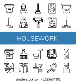 housework icon set. Collection of Bucket, Mop, Maid, Housekeeper, Broom, Paint roller, Washing machine, Brush, Ironing board, Laundry, Window cleaner, Gloves, Cleaning products icons