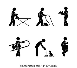 housework icon set, stick figure pictograms, people do household chores, cleaning and caring for pets, isolated human silhouettes