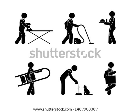 housework icon set, stick figure pictograms, people do household chores, cleaning and caring for pets, isolated human silhouettes