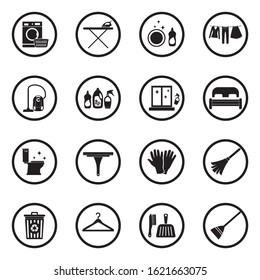 Housework Icons. Black Flat Design In Circle. Vector Illustration.