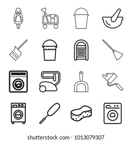 Housework icons. set of 16 editable outline housework icons such as vacuum cleaner, bucket, sponge, dust brush, washing machine, cleaning tools, broom, dustpan, maid