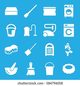 housework icons set. Set of 16 housework filled icons such as washing machine, vacuum cleaner, dustpan, bucket, mop, sponge, maid