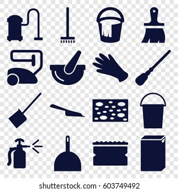 Housework icons set. set of 16 housework filled icons such as gloves, vacuum cleaner, dustpan, bucket, broom, mop, sponge, washing machine, brush