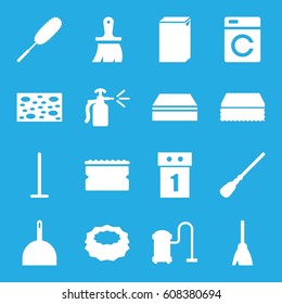 Housework icons set. set of 16 housework filled icons such as washing machine, broom, mop, dustpan, sponge, dust brush, vacuum cleaner, brush, spray bottle