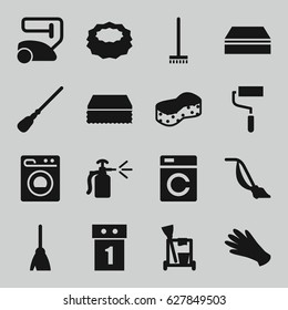 Housework icons set. set of 16 housework filled icons such as washing machine, gloves, cleaning tools, broom, vacuum cleaner, mop, sponge, roller, spray bottle