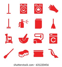 Housework icons set. set of 16 housework filled icons such as washing machine, gloves, cleaning tools, broom, vacuum cleaner, mop, sponge, spray bottle