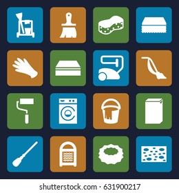 Housework icons set. set of 16 housework filled icons such as gloves, cleaning tools, vacuum cleaner, mop, sponge, bucket, washing machine, brush