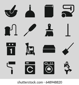 Housework icons set. set of 16 housework filled icons such as washing machine, cleaning tools, vacuum cleaner, mop, dustpan, sponge, dust brush, maid, brush, roller, bucket