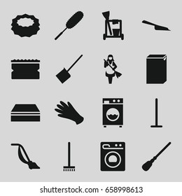 Housework icons set. set of 16 housework filled icons such as gloves, cleaning tools, mop, dustpan, broom, sponge, washing machine, dust brush, vacuum cleaner