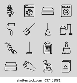 Housework icons set. set of 16 housework outline icons such as washing machine, gloves, cleaning tools, broom, mop, dustpan, sponge, vacuum cleaner, maid, brush