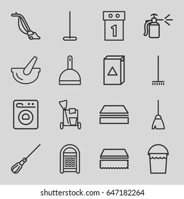 Housework icons set. set of 16 housework outline icons such as cleaning tools, broom, mop, dustpan, bucket, sponge, washing machine, vacuum cleaner, spray bottle