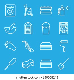 Housework icons set. set of 16 housework outline icons such as gloves, cleaning tools, dustpan, bucket, sponge, washing machine, dust brush, vacuum cleaner, roller