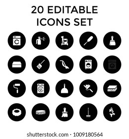 Housework icons. set of 20 editable filled housework icons such as washing machine, cleaning tools, dustpan, sponge. best quality housework elements in trendy style.