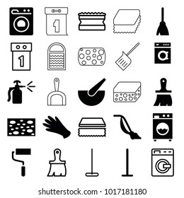 Housework icons. set of 25 editable filled and outline housework icons such as gloves, broom, mop, sponge, vacuum cleaner, brush, roller, spray bottle, washing machine