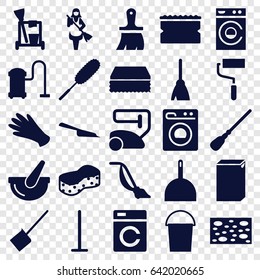 Housework icons set. set of 25 housework filled icons such as washing machine, gloves, cleaning tools, broom, vacuum cleaner, mop, dustpan, bucket, sponge, dust brush, maid