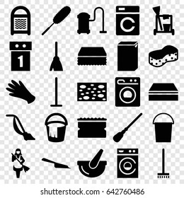 Housework icons set. set of 25 housework filled icons such as washing machine, gloves, cleaning tools, broom, mop, dustpan, bucket, sponge, dust brush, vacuum cleaner, maid