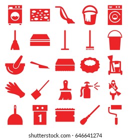 Housework icons set. set of 25 housework filled icons such as gloves, cleaning tools, broom, mop, dustpan, bucket, sponge, washing machine, vacuum cleaner, maid, brush, roller