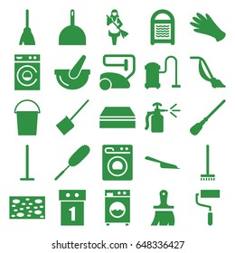 Housework icons set. set of 25 housework filled icons such as gloves, broom, vacuum cleaner, mop, dustpan, bucket, sponge, washing machine, dust brush, maid, brush, roller