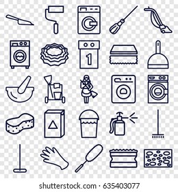 Housework icons set. set of 25 housework outline icons such as washing machine, gloves, cleaning tools, mop, dustpan, bucket, broom, sponge, dust brush, vacuum cleaner, maid