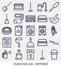 Housework icons set. set of 25 housework outline icons such as washing machine, broom, vacuum cleaner, mop, dustpan, bucket, sponge, dust brush, maid, brush, roller