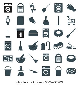 Housework icons. set of 36 editable filled housework icons such as washing machine, gloves, broom, mop, dustpan, bucket, sponge, vacuum cleaner, maid, brush, cleaning tools