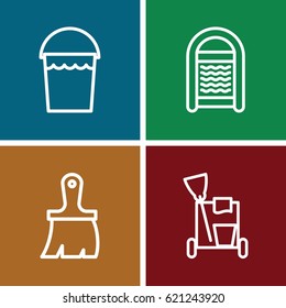 Housework icons set. set of 4 housework outline icons such as cleaning tools, bucket, sponge