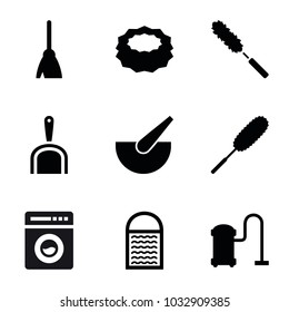 Housework icons. set of 9 editable filled housework icons such as broom, sponge, dust brush, vacuum cleaner, washing machine, dustpan