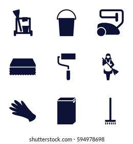 housework icons set. Set of 9 housework filled icons such as gloves, cleaning tools, vacuum cleaner, bucket, broom, sponge, washing machine, maid
