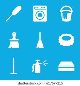 Housework icons set. set of 9 housework filled icons such as broom, mop, sponge, bucket, dust brush, brush, spray bottle