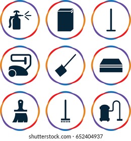 Housework icons set. set of 9 housework filled icons such as vacuum cleaner, mop, dustpan, broom, sponge, washing machine, brush