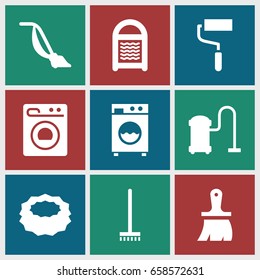 Housework icons set. set of 9 housework filled icons such as broom, sponge, vacuum cleaner, brush, roller