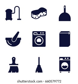 Housework icons set. set of 9 housework filled icons such as broom, dustpan, washing machine, sponge, vacuum cleaner, brush