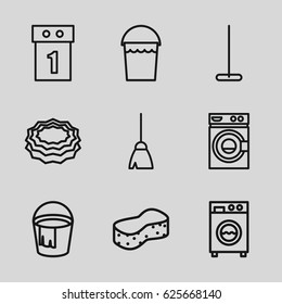 Housework icons set. set of 9 housework outline icons such as broom, mop, bucket, washing machine, sponge
