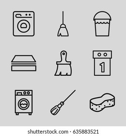 Housework icons set. set of 9 housework outline icons such as broom, bucket, mop, sponge, brush, washing machine