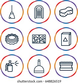 Housework icons set. set of 9 housework outline icons such as broom, dustpan, sponge, washing machine