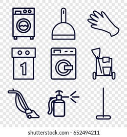 Housework icons set. set of 9 housework outline icons such as washing machine, gloves, cleaning tools, mop, dustpan, vacuum cleaner, spray bottle