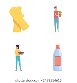 Housework icons set cartoon vector. Man and woman doing household chore. Household, housekeeping