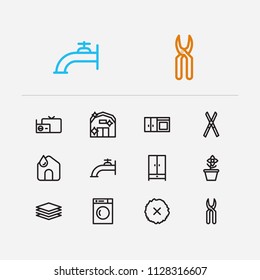 Housework icons set. Clean house and housework icons with tool, remove moss and flower. Set of scissor for web app logo UI design.