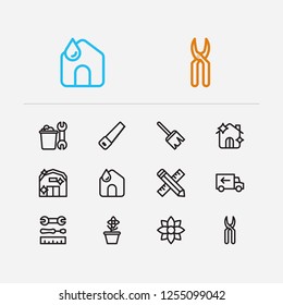 Housework icons set. Clean house and housework icons with flower, tool and instrument. Set of fresh for web app logo UI design.