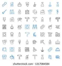 housework icons set. Collection of housework with brush, bucket, window cleaner, detergent, paint roller, hood, sponge, brushes, dustpan. Editable and scalable housework icons.