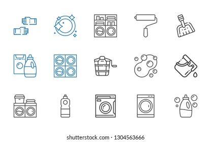 housework icons set. Collection of housework with detergent, washing machine, bucket, sponge, dustpan, paint roller, dishwashing, glove. Editable and scalable housework icons.