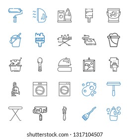 housework icons set. Collection of housework with detergent, broom, paint brush, roller, iron table, window cleaner, sponge, washing machine. Editable and scalable housework icons.