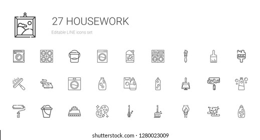 housework icons set. Collection of housework with paint brush, broom, toilet brush, sponge, hood, bucket, paint roller, dustpan, detergent. Editable and scalable housework icons.